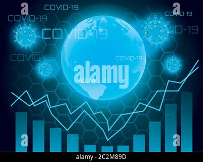 planet earth with covid19 particles and statistics arrows in clipboard ...