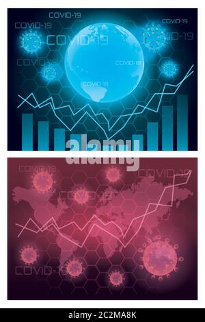 planet earth with covid19 particles and statistics arrows in clipboard ...