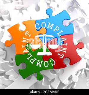 Complaint Word Written Arround Icon of Scales in Balance, Located on Multicolor Puzzle. Business Concept. Stock Photo