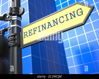 Refinancing Word on Yellow Roadsign on Blue Urban Background. Business Concept. Stock Photo