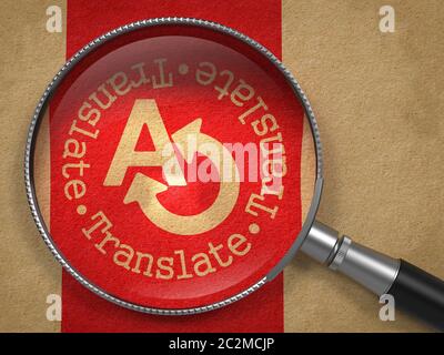 Magnifying Glass with Translating Concept on Old Paper with Red Vertical Line Background. Communication Concept. Stock Photo