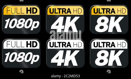 Gold 8K Ultra HD label isolated on white background. 3D illustration ...