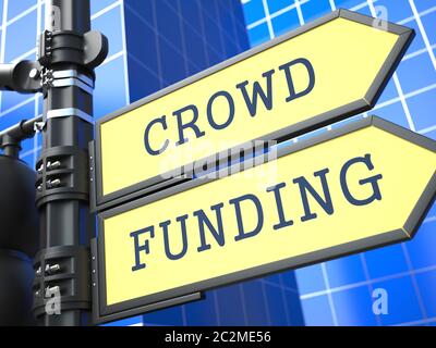 Crowd Funding on Yellow Roadsign on Blue Urban Background. Internet Concept. Stock Photo