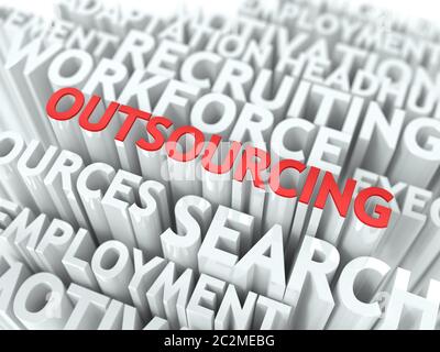 Outsourcing - Word in Red Color Surrounded by a Cloud of Words Gray. Wordcloud Concept. Stock Photo