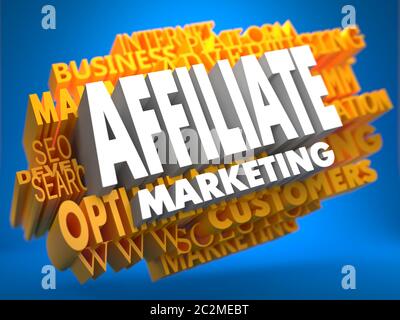 Affiliate Marketing on White Color on Cloud of Yellow Words on Blue Background. Business Concept. Stock Photo