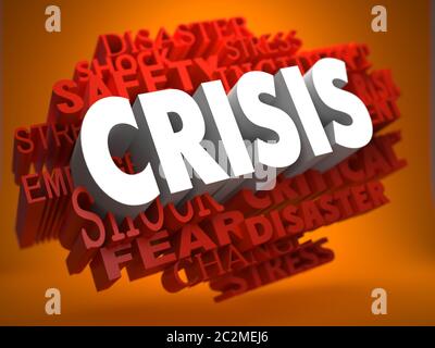 Crisis - the Word in White Color on Cloud of Red Words on Orange Background. Stock Photo