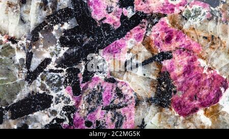 panoramic background from polished natural syenite (lujaurite) rock with purple eudialyte mineral and black aegirine crystals close up Stock Photo