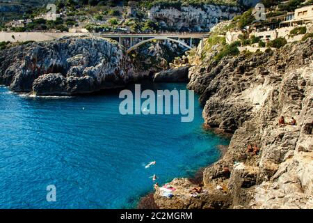 Panoramic view over the Ciolo bridge, Gagliano del Capo, Puglia, Italy Stock Photo