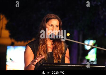 Sydney-based Wiradjuri artist Nicole Foreshew speaking at the official launch of ‘Place Projections’ for the inaugural Corroboree Sydney festival. Stock Photo