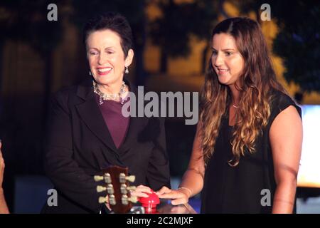 Lord Mayor Clover Moore joins Sydney-based Wiradjuri artist Nicole Foreshew to press the red button to officially launch the ‘Place Projections’ for t Stock Photo