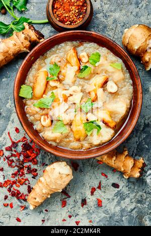 Cream soup of Jerusalem artichoke and cauliflower Stock Photo