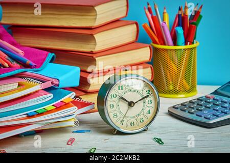 Working mess on the table in the student. School objects for students. Concept of education or back to school Stock Photo