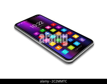 All screen digital realistic smartphone with colorful icon set isolated on white. Perspective view 3D render Stock Photo