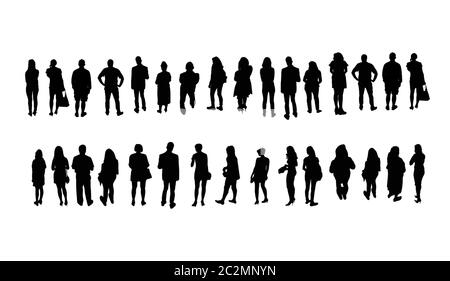 Silhouettes of different people isolated on white background. People standing in two rows Stock Photo
