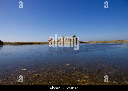 famous house on the rocks at ploumenach, cote de granit rose, cotes d'armor brittany, france Stock Photo