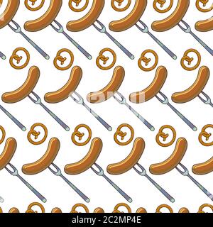 Grilled sausages on fork and pretzels seamless pattern Stock Vector