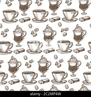 Coffee poured in cup, cappuccino and beans seamless pattern Stock Vector
