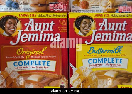 NEW YORK, NY - JUNE 17, 2020: Aunt Jemima products seen on shelves of supermarket on June 05, 2020 in New York City. Stock Photo