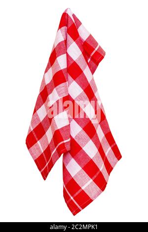 Towels isolated. Closeup of a red and white checkered napkin or tablecloth texture isolated on white background. Kitchen accessories. Macro photograph Stock Photo