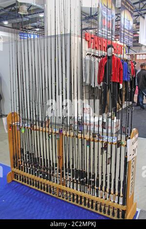 Fishing rods for fishing in sale of sports shop. Fishing spinnings
