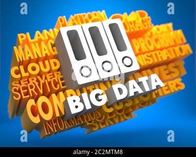 Big Data with Folders Icon - White Color Text on Yellow WordCloud on Blue Background. Stock Photo
