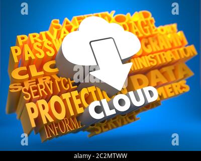 Cloud on White Color on Yellow WordCloud on Blue Background. Stock Photo