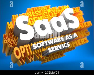 SAAS - Software-as-a-Service - on  Yellow WordCloud on Blue Background. Stock Photo