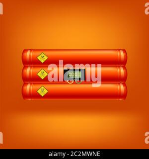 Time Bomb Icon on Red Background. Detonate Dynamite Concept. TNT Red Stick. Design Element for Flyer and Poster. Digital Countdown Timer Clock. Explod Stock Photo