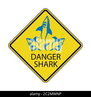 Danger Shark Zone. Beware of Sharks. Yellow Square Warning Sign. Dangerous Sea Life. Swim at Own Risk. High Risk Area. Stock Photo