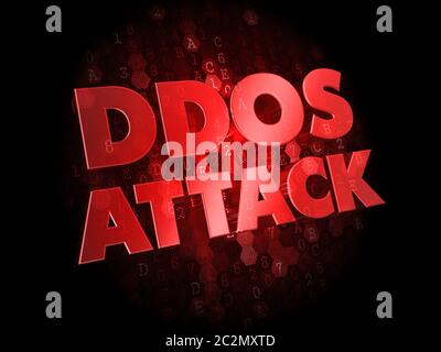 DDoS Attack - Red Color Text on Dark Digital Background. Stock Photo