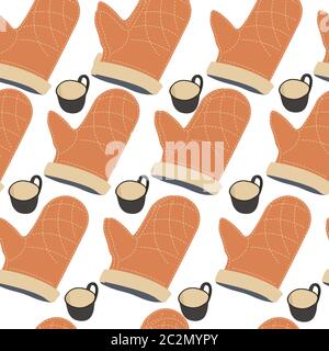 Baking mitten and cup of coffee, seamless pattern Stock Vector