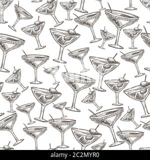 Cocktail with olives, alcoholic beverages in bar seamless pattern Stock Vector