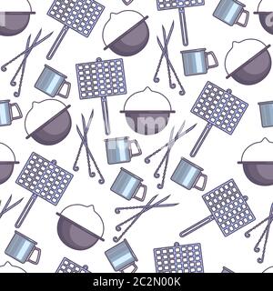 Kitchenware for cooking on picnic outdoors seamless pattern Stock Vector