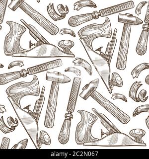 Carpentry tools for woodwork, hammer and chisel seamless pattern Stock Vector