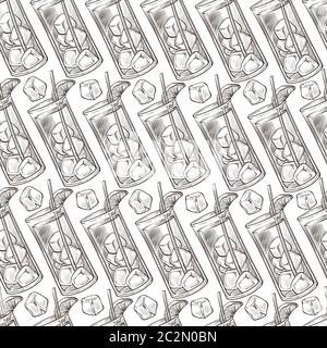 Cocktails in glasses, beverages with slice of fruits seamless pattern Stock Vector
