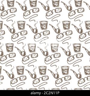 Spectacles smoking pipe and glass of alcohol seamless pattern Stock Vector