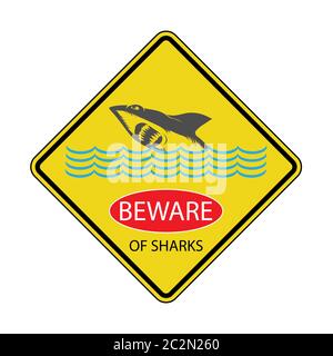 Danger Shark Zone. Beware of Sharks. Yellow Square Warning Sign. Dangerous Sea Life. Swim at Own Risk. High Risk Area. Stock Photo