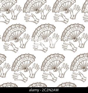 Gloves and fan with lace, vintage accessories seamless pattern Stock Vector