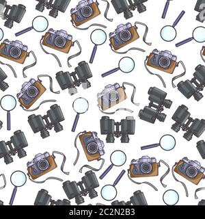 Camera, magnifying glass and binoculars spy kit seamless pattern Stock Vector