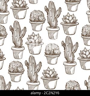 Cactus houseplants growing in pots, monochrome seamless pattern Stock Vector