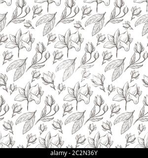Magnolia in blossom, flourishing flower and leaves seamless pattern Stock Vector