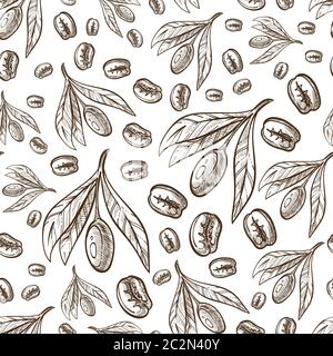 Coffee beans and leaves of Coffea plant seamless pattern Stock Vector