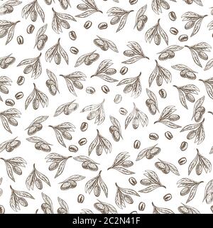 Coffea plant branches with leaves and beans seamless patter Stock Vector