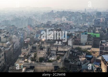 The view of Old Delhi from top of Jama Masjid mosque minaret. Taken in New Delhi, India. Stock Photo