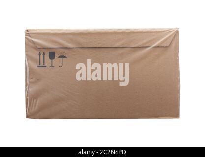 rectangular box wrapped in transparent polyethylene, box for transporting bottles, side view Stock Photo