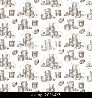 Coins in pile, money savings treasure seamless pattern Stock Vector