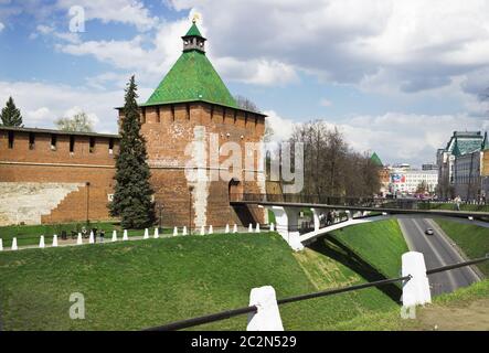 RUSSIA, NIZHNY NOVGOROD - MAY 01, 2014: In the photograph of the old part of the city is visible tower of Nizhny Novgorod Kremli Stock Photo