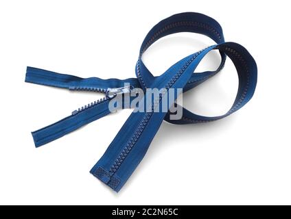 Blue zipper closeup isolated on white Stock Photo