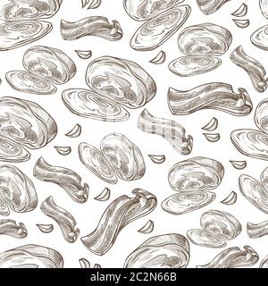 Breakfast or dinner, bacon and oysters seamless pattern Stock Vector