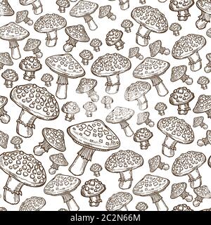 Amanita mushroom, ripe fungi harvesting monochrome seamless pattern Stock Vector